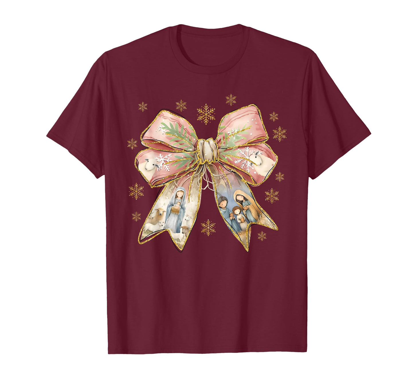 Coquette Bow Snowflake Jesus Christmas Xmas Holiday Family T-Shirt