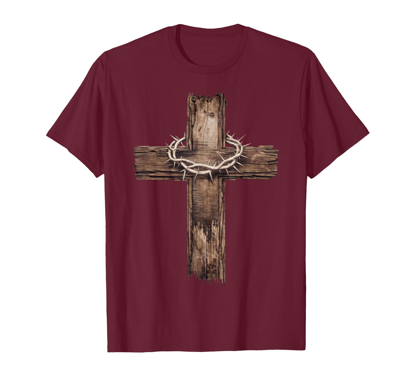 Rustic Wooden Cross Graphic Crown of Thorns Christian Faith T-Shirt