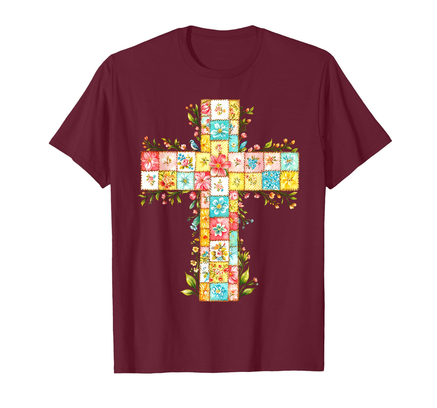 Vintage Floral Patchwork Cross Christian Faith Religious T-Shirt