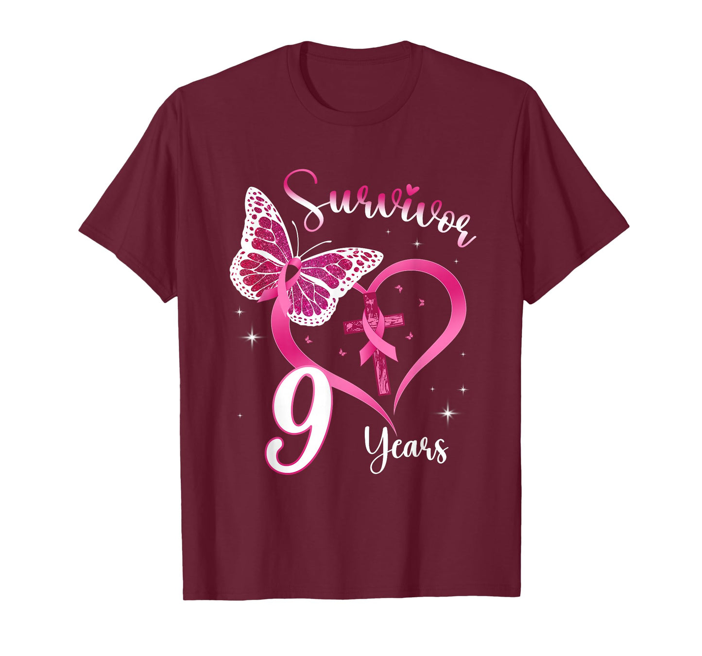Breast Cancer Survivor Pink Ribbon Butterfly 9 Years Gift T-Shirt