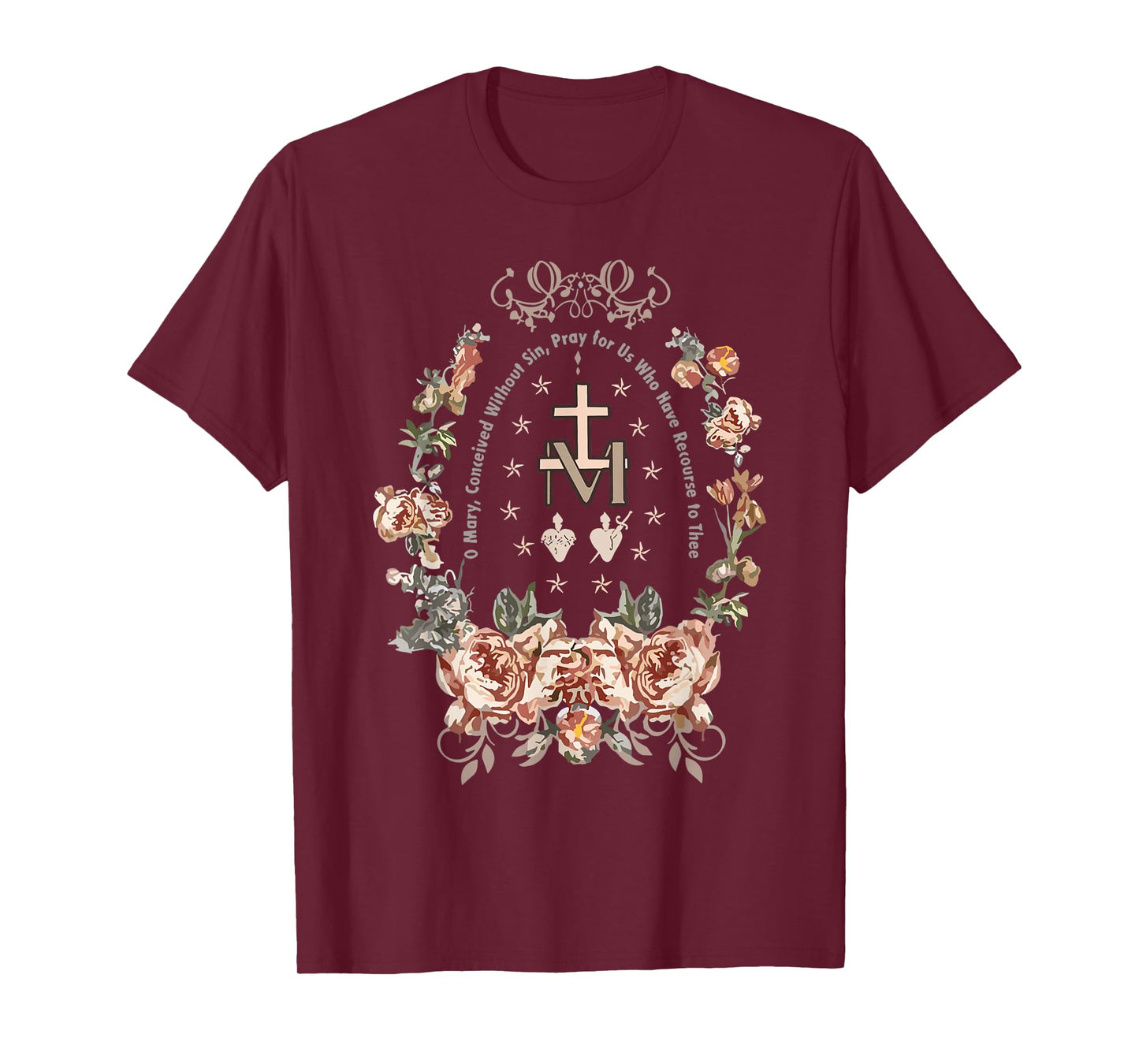 Marian Cross Floral Virgin Mary Catholic Art T-Shirt