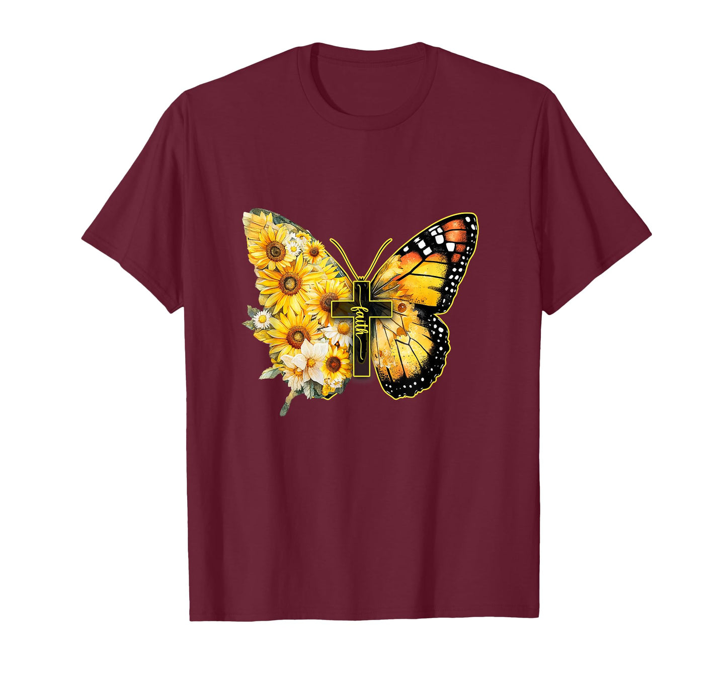 Faith Cross Sunflower Butterfly Christian Women Vintage T-Shirt