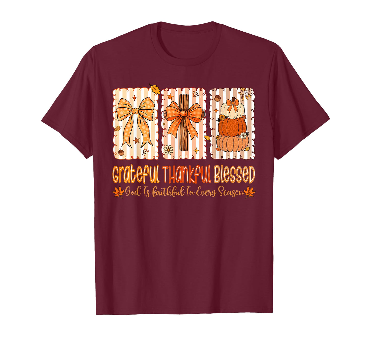Grateful Thankful Blessed God Faith Autumn Pumpkin Bow T-Shirt