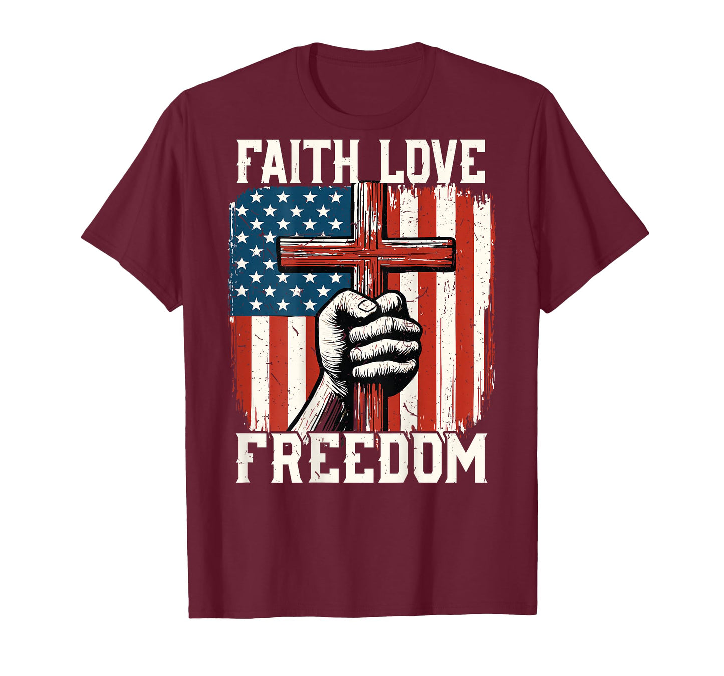 On-Back Faith Love Freedom Patriotic Christian Cross US Flag T-Shirt