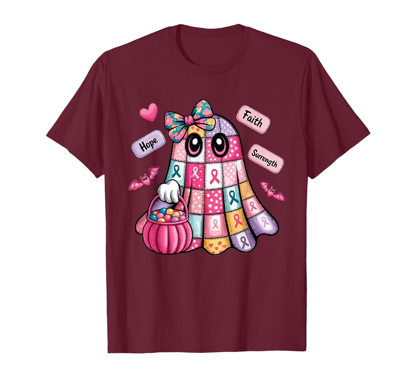 Faith Hope Surrength Patchwork Ghost Breast Cancer Awareness T-Shirt