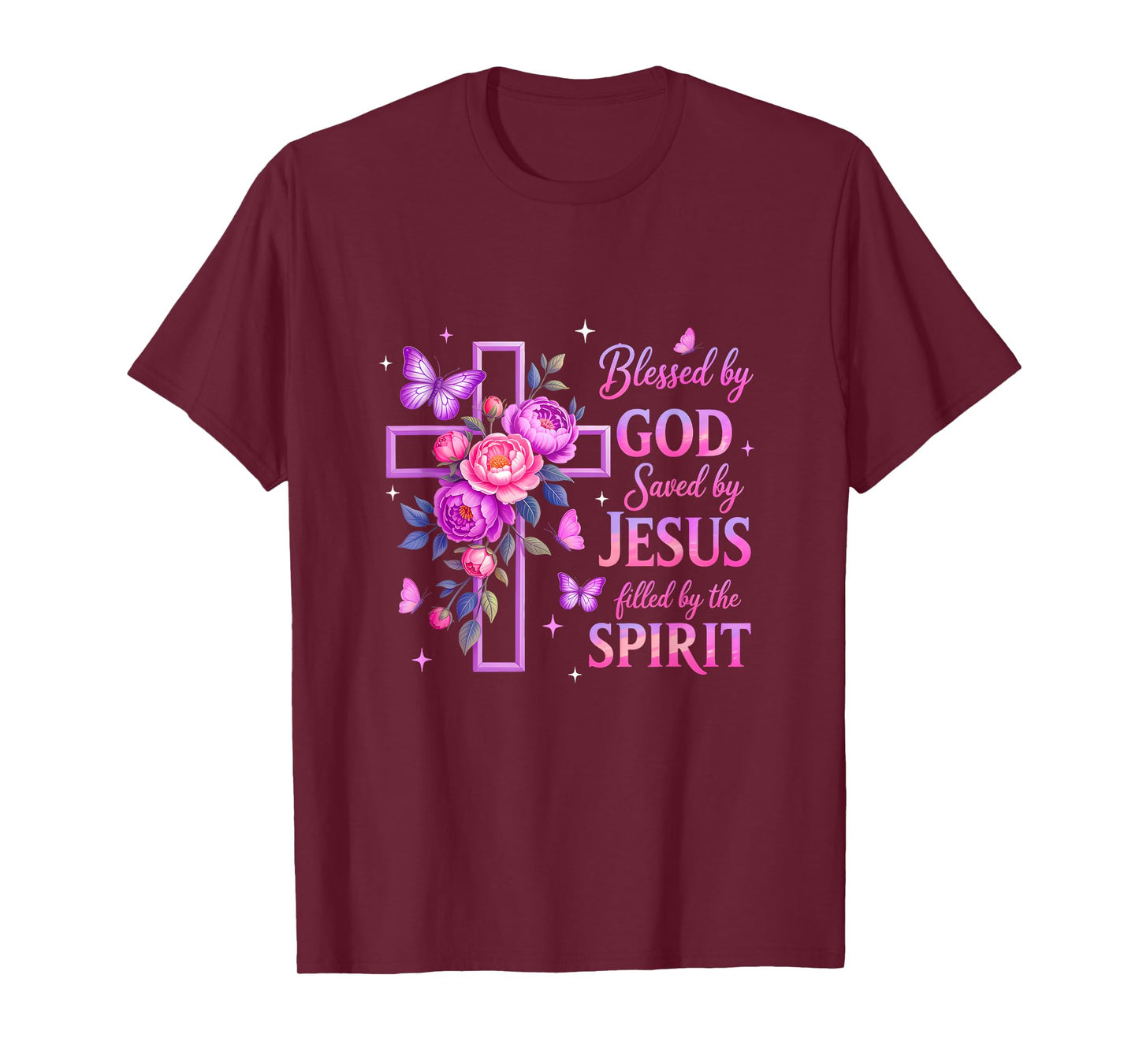 Blessed By God Saved By Jesus Purple Floral Cross Christian T-Shirt