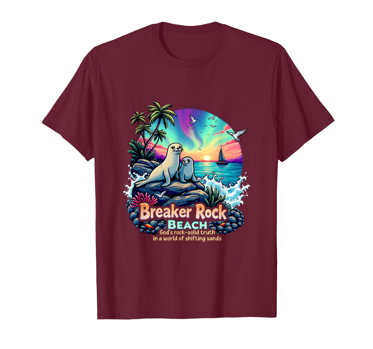 God's Solid Beach Breaker Rock Camp Retro VBS 2025 Beach T-Shirt
