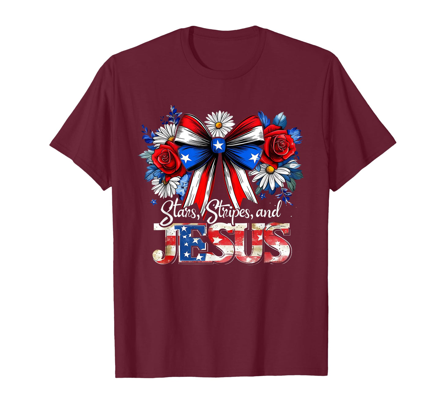 Stars Stripes and Jesus Bow Patriotic Christian Tee T-Shirt