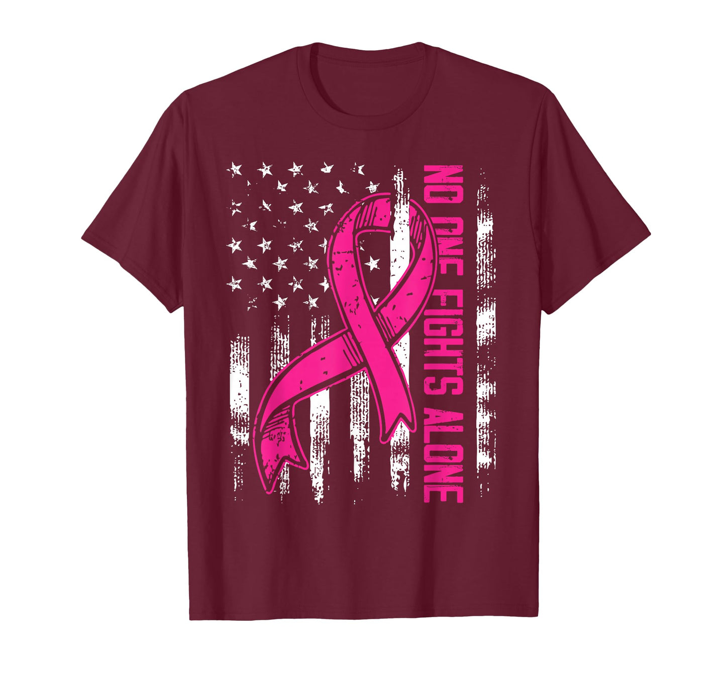 No One Fight Breast Cancer Alone Pink Ribbon American Flag T-Shirt