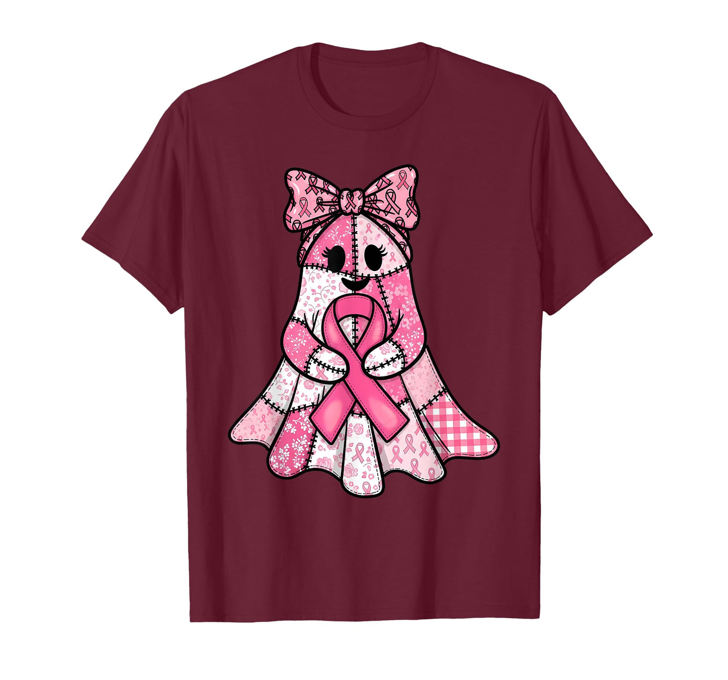 Pink Ribbon Patchwork Ghost Breast Cancer Spooky Halloween T-Shirt