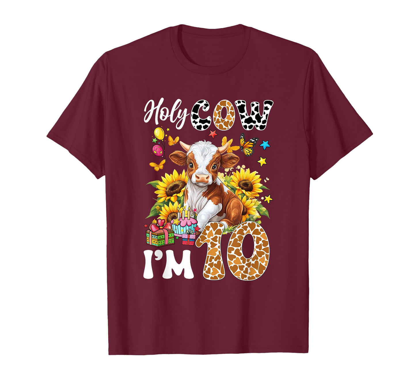 Holy Cow I'm 10 Years Old Farm Cow Sunflowers 10Th Birthday T-Shirt