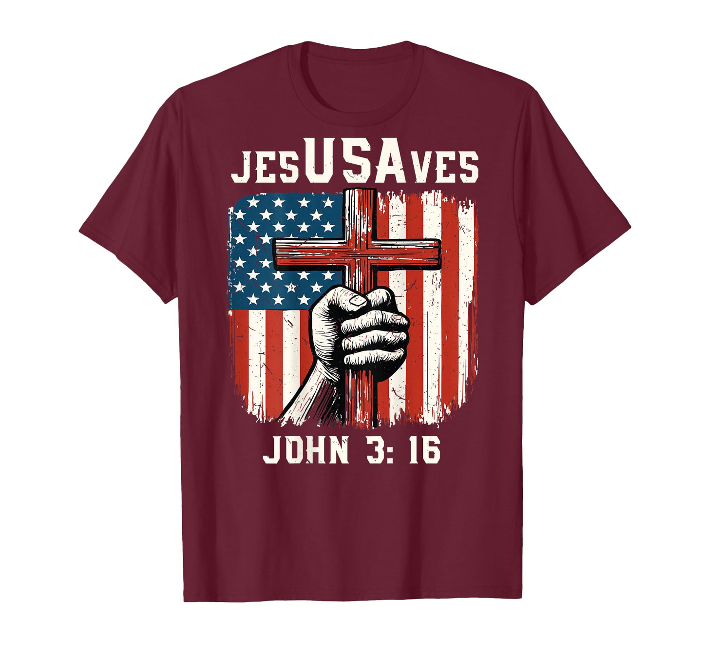 On-Back Jesus Saves USA Flag Patriotic Christian Faith Cross T-Shirt