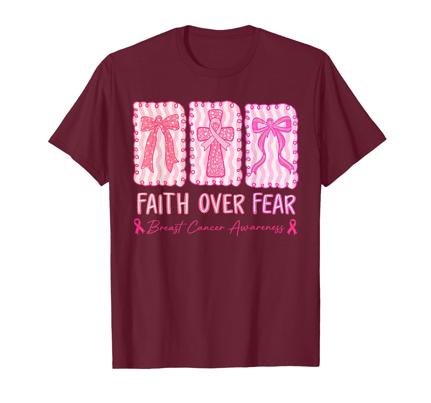 Faith Over Fear Coquette Bow Plaid Breast Cancer Awareness T-Shirt