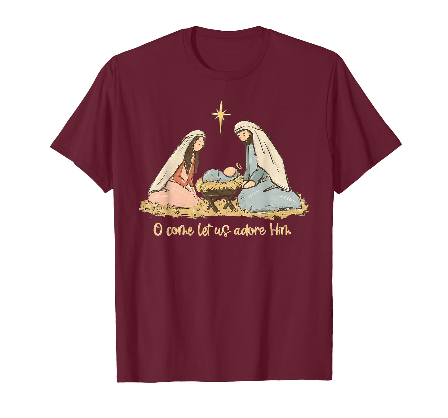 O Come Let Us Adore Him Merry Christmas Xmas Christian Jesus T-Shirt