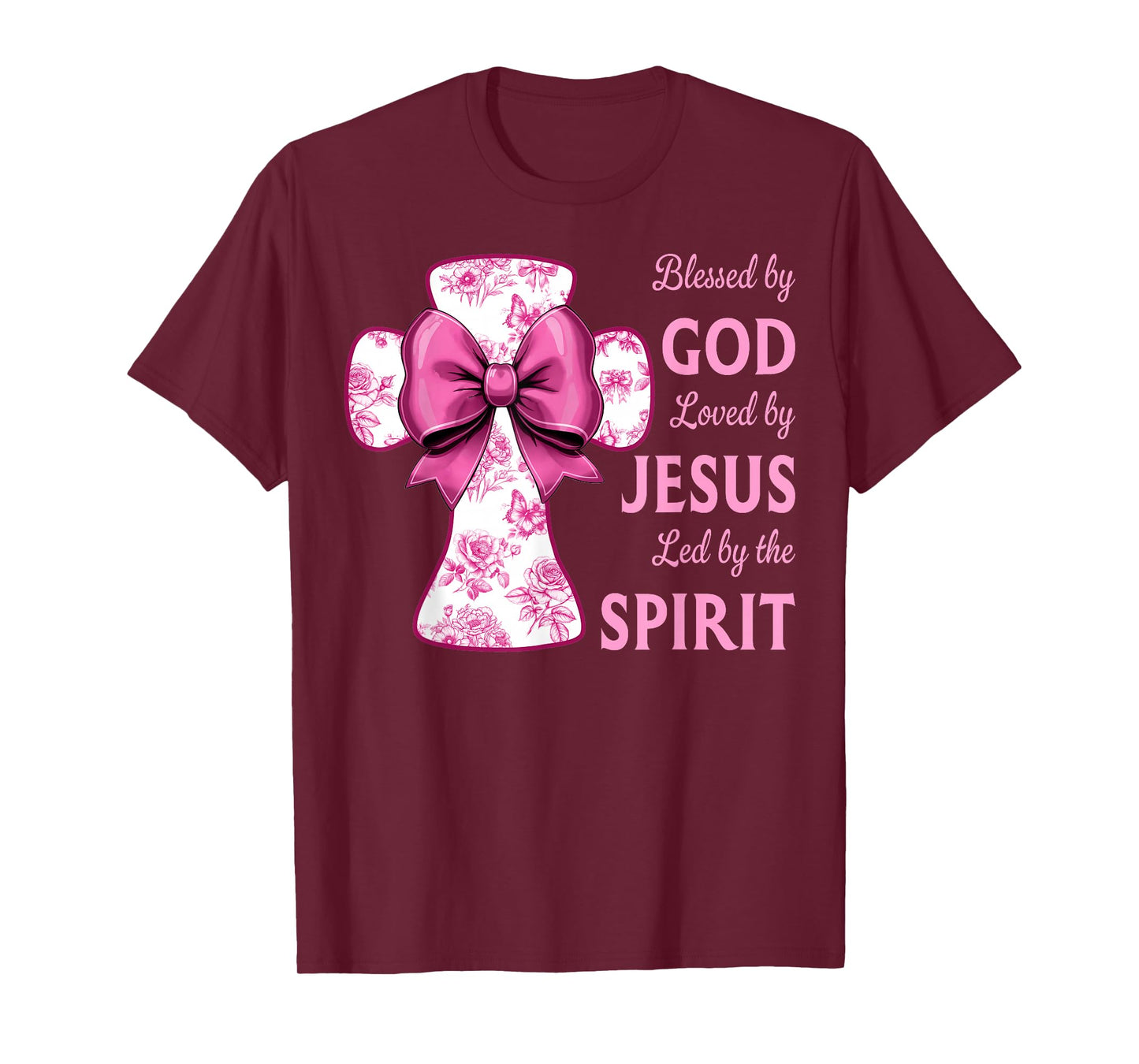Blessed by God Loved by Jesus Pink Toile Cross Christian T-Shirt