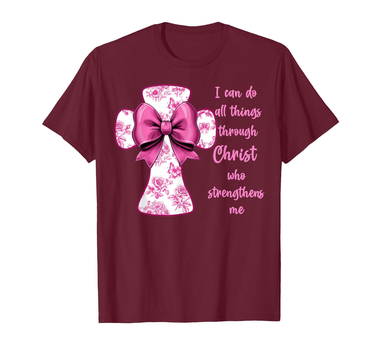 I Can Do All Things Through Christ Pink Toile Cross And Bow T-Shirt