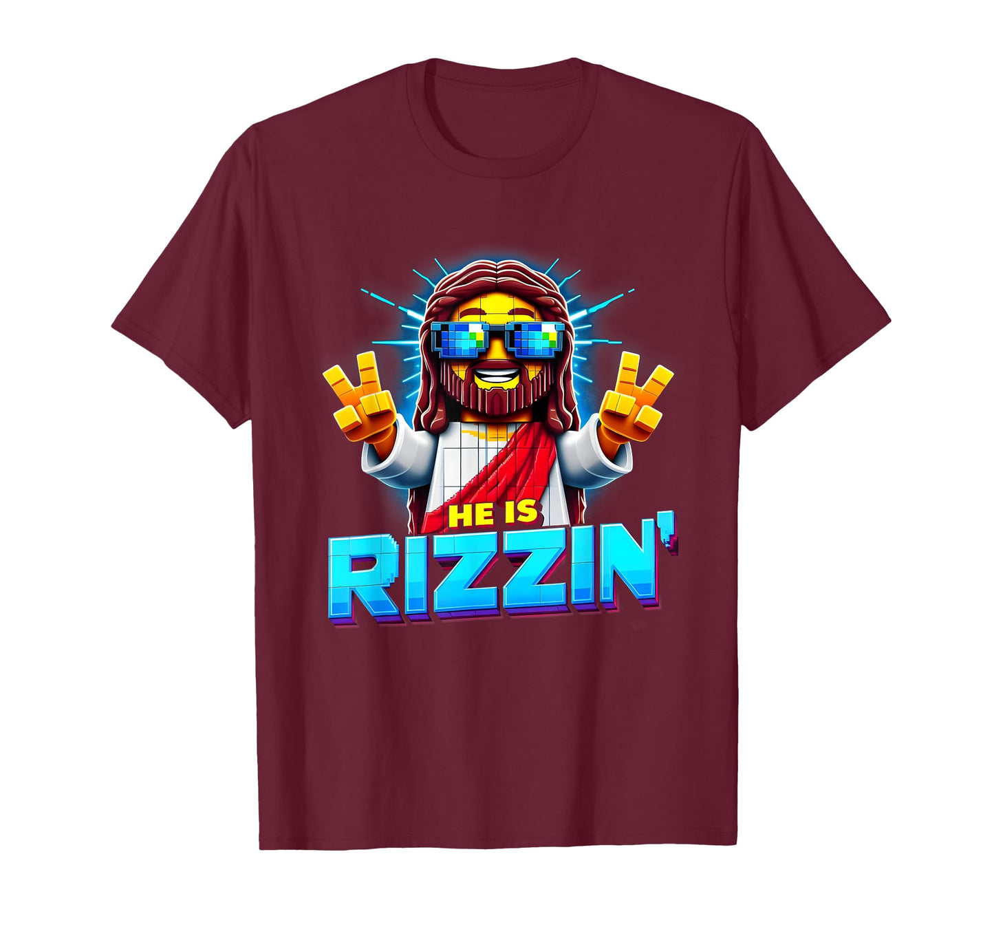 He Is Rizzen Jesus Has Rizzen Retro Christian Pixel Gaming T-Shirt