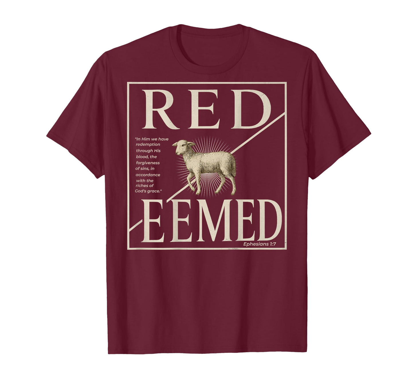 (ON BACK) Christian Lamb REDEEMED Ephesians 1 7 Bible Verse T-Shirt