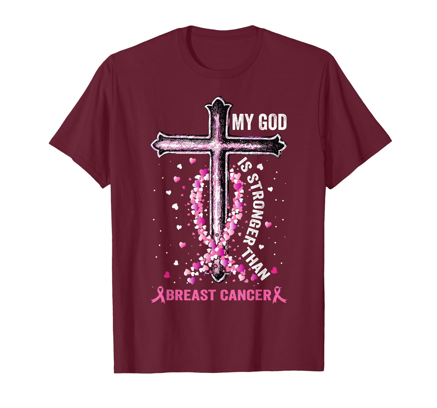 My God Is Stronger Than Breast Cancer Pink Cross Christian T-Shirt