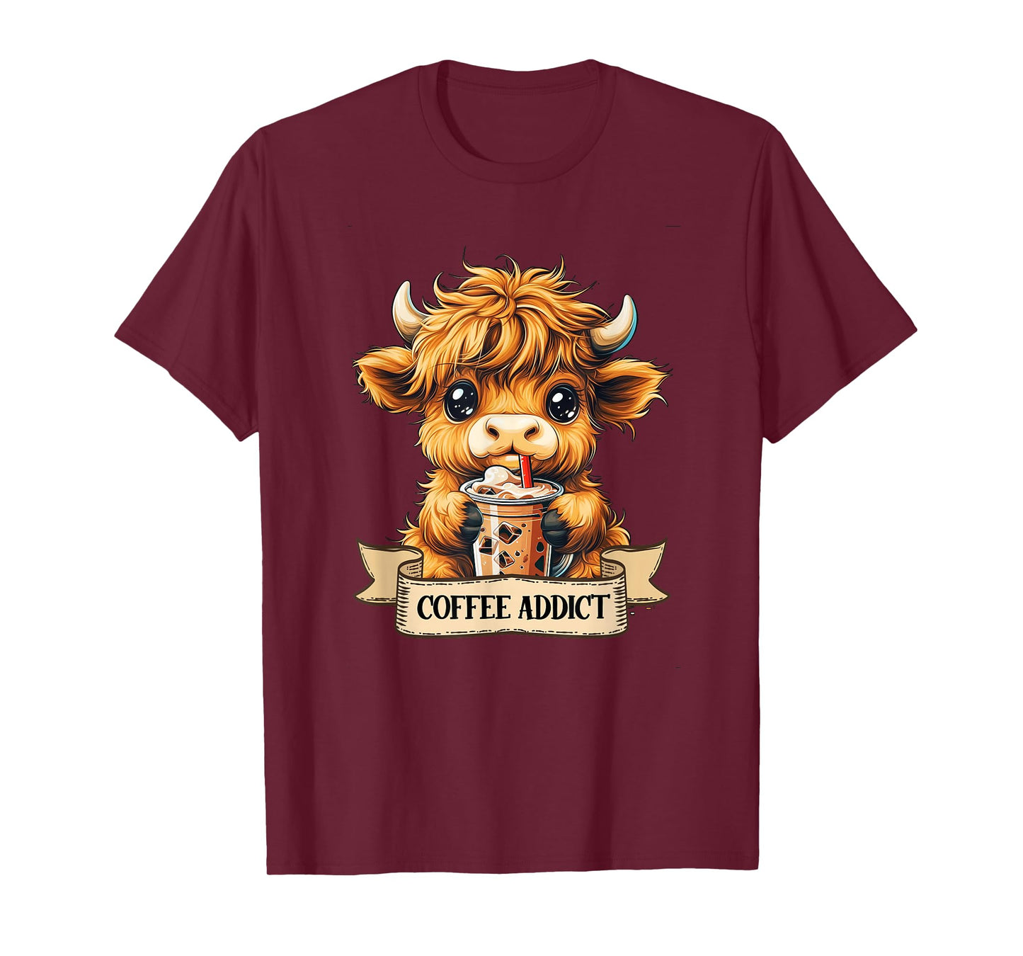 Cute Highland Cow Coffee Addict Funny Drink Coffee Cowgirl T-Shirt