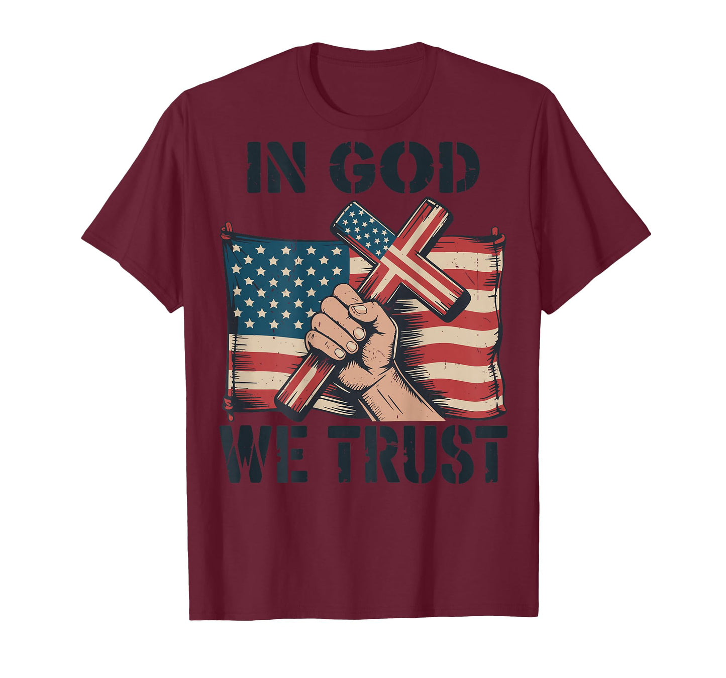 Mens in God We Trust Christian Patriotic Cross American Flag T-Shirt