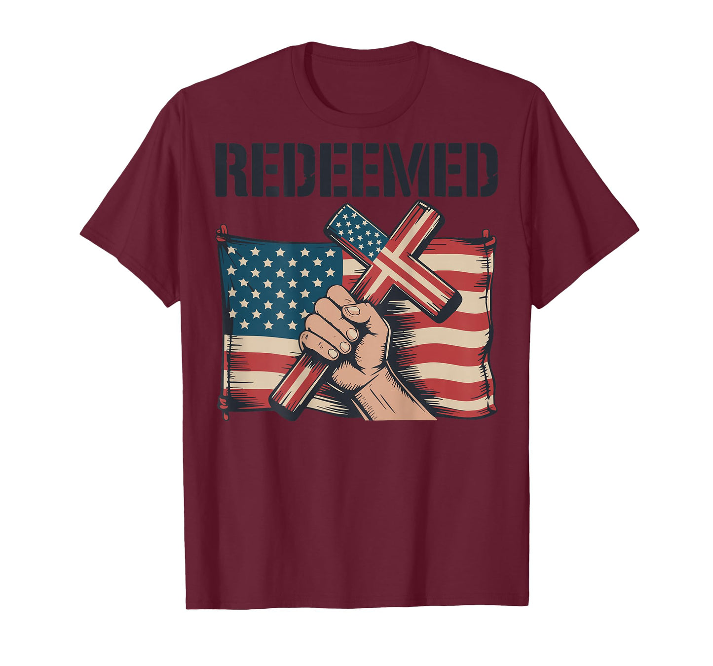 Men's Redeemed Christian Patriotic Cross Faith American Flag T-Shirt