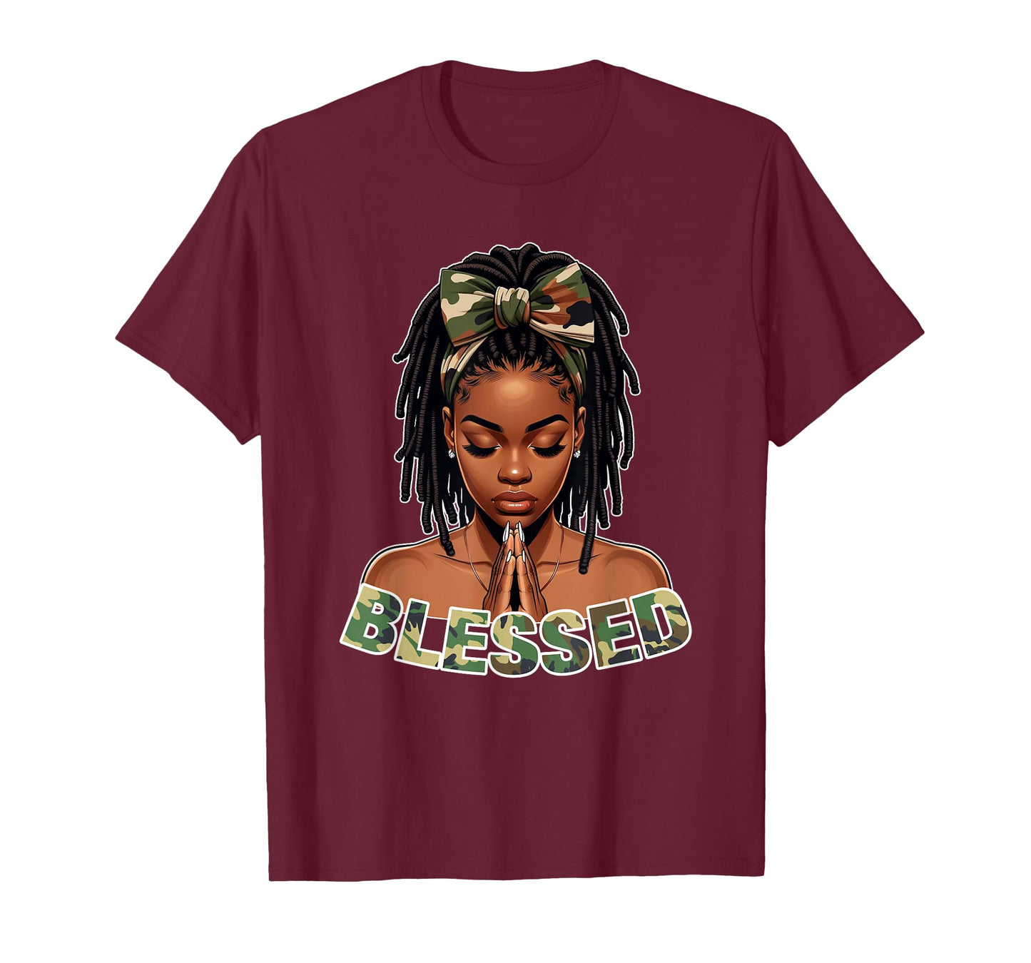 Praying Young Black Girl With Braids Locs Blessed Camo T-Shirt
