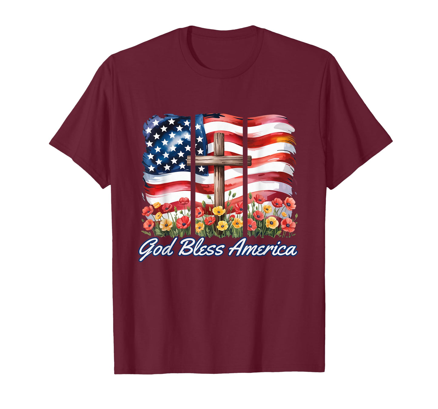 God Bless America Flag Cross Flowers Patriotic 4th of July T-Shirt