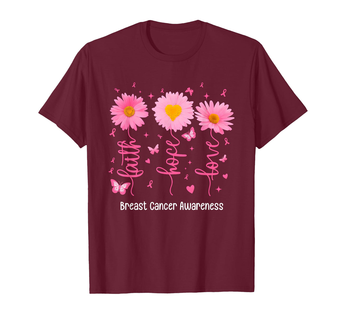 Faith Hope Love Flowers Breast Cancer Awareness Support T-Shirt