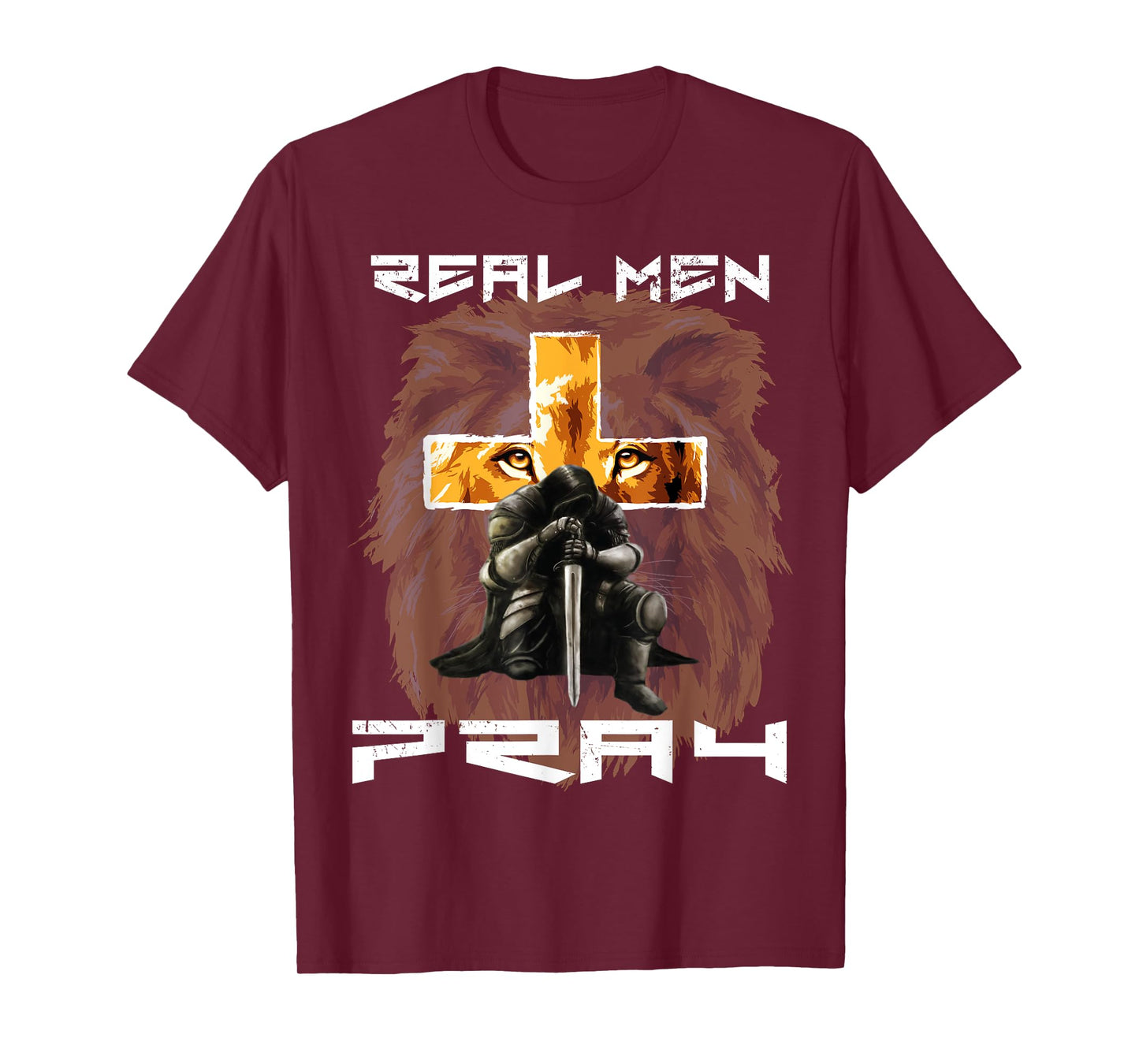 Real Men Pray Lion Judah Christian Religious Cross Graphic T-Shirt