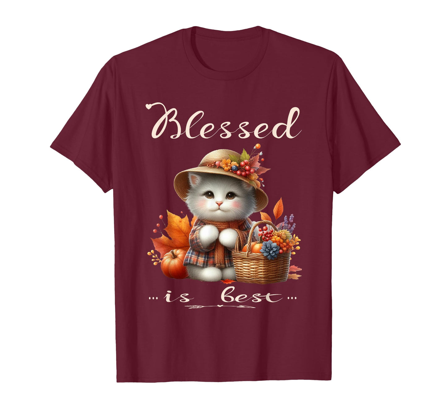Blessed is Best Fall & Autumn Cute White Vintage Kitty & Hat T-Shirt