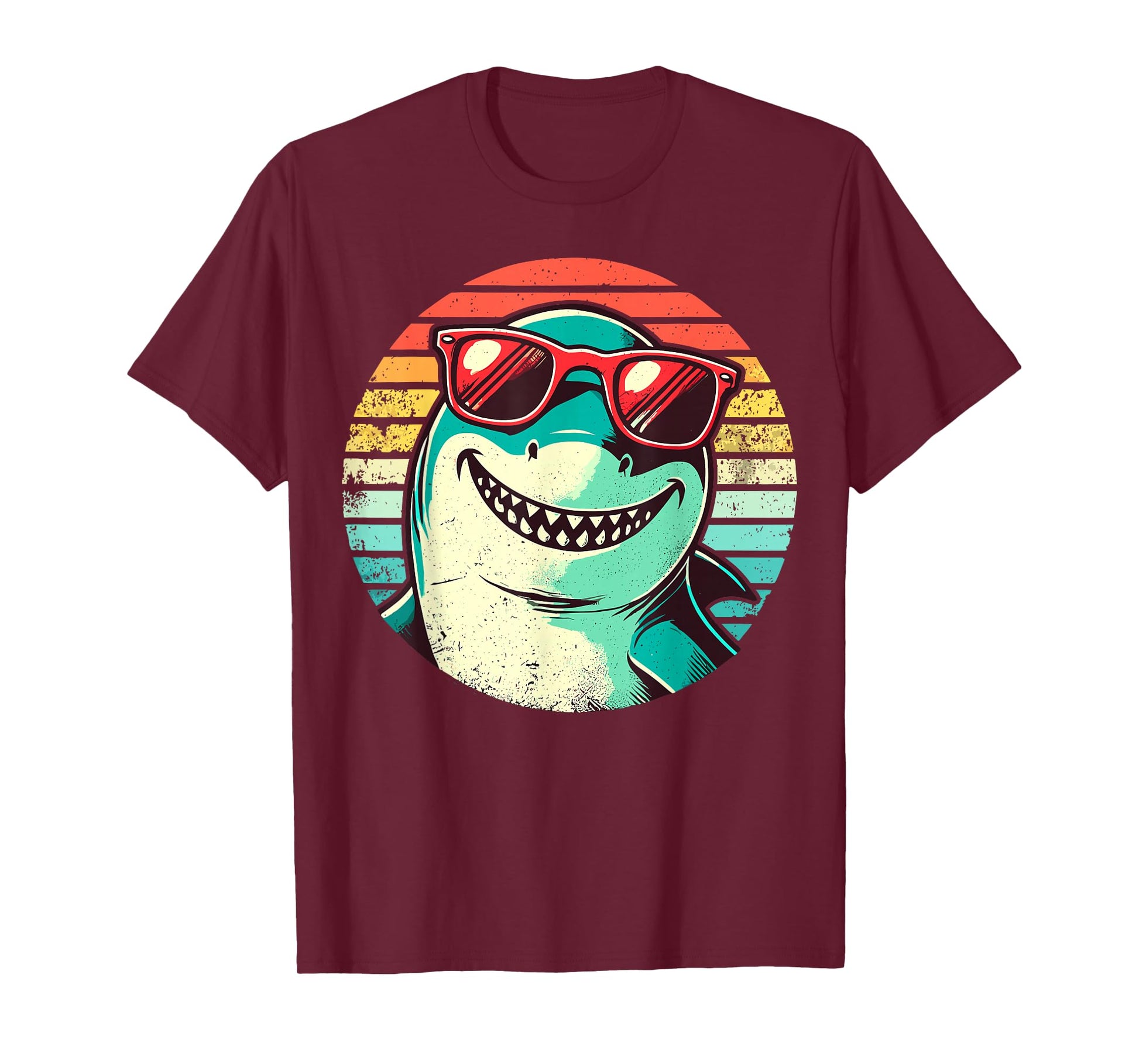 Cool Shark with Sunglasses Retro Sunset T-Shirt - T-Shirt | Maroon