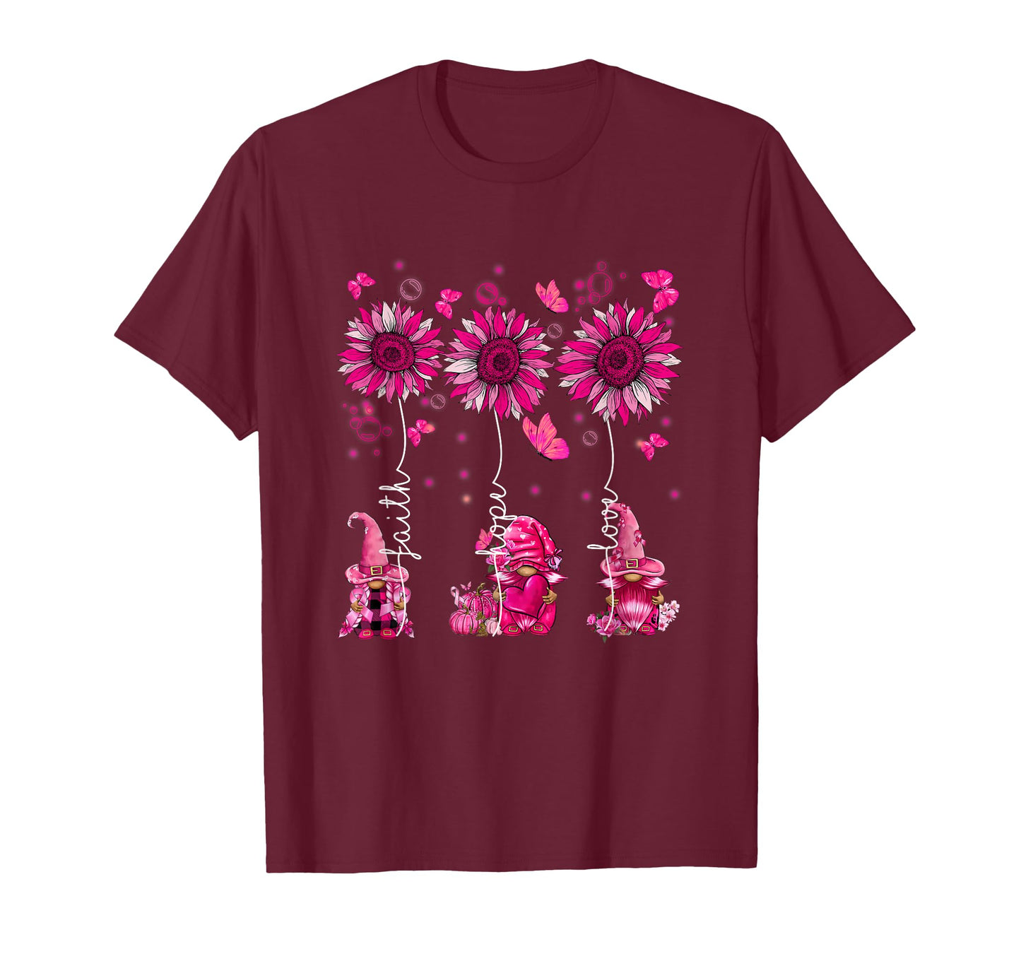 Faith Hope Love Gnome Ribbon Breast Cancer Awareness Flower T-Shirt