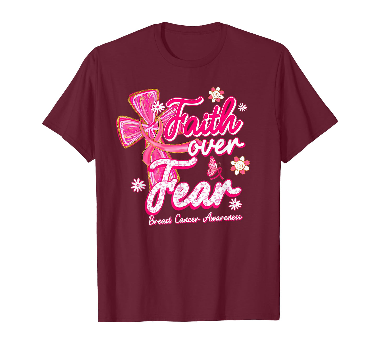 Coquette Faith Over Fear Breast Cancer Awareness Pink Ribbon T-Shirt