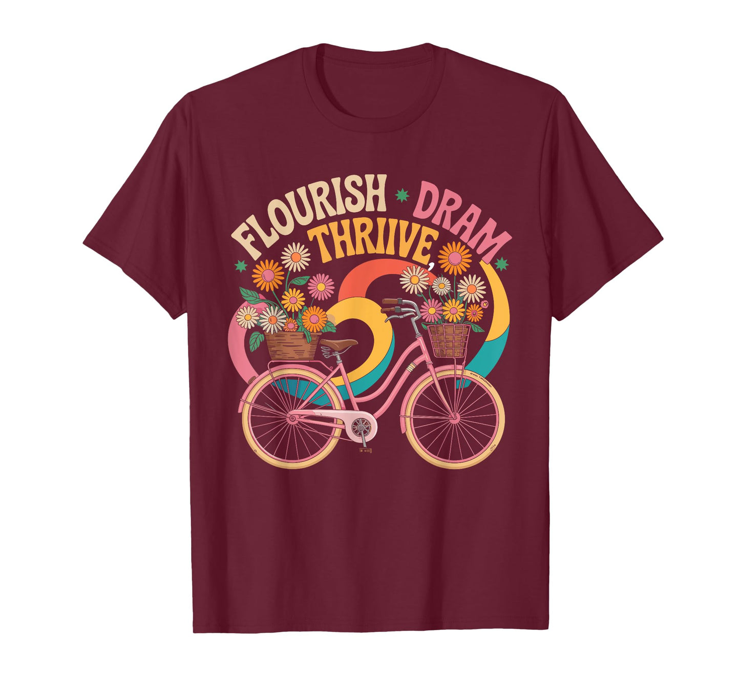 Flourish Dream Thrive Bicycle Floral Inspirational Quote T-Shirt