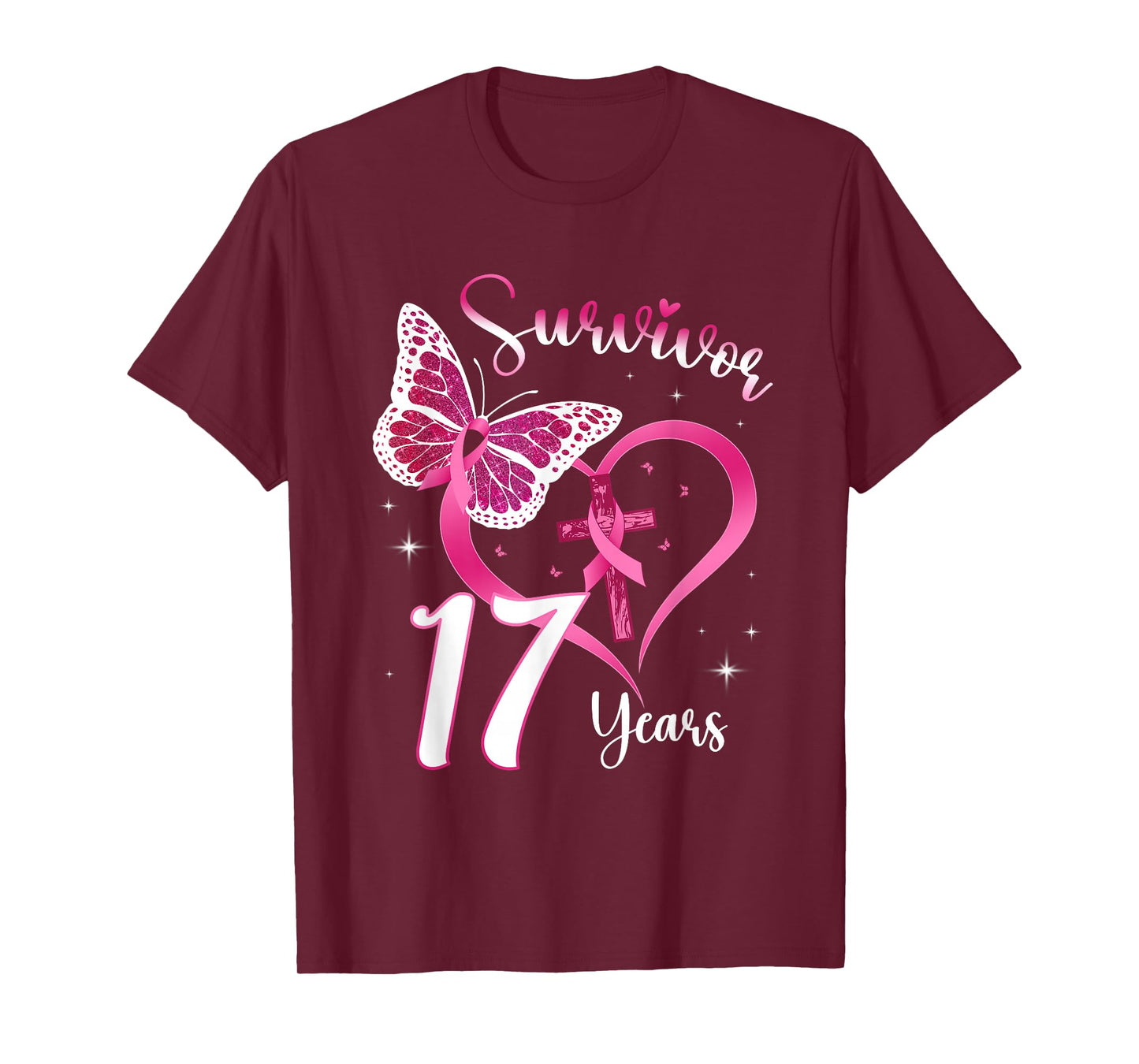 Breast Cancer Survivor Pink Ribbon Butterfly 17 Years Gift T-Shirt