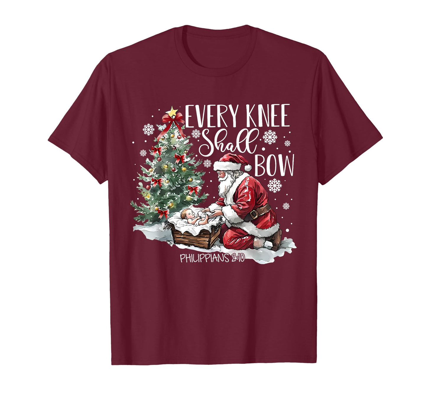 Every Knee Shall Bow Santa Christmas Nativity Scene Xmas T-Shirt