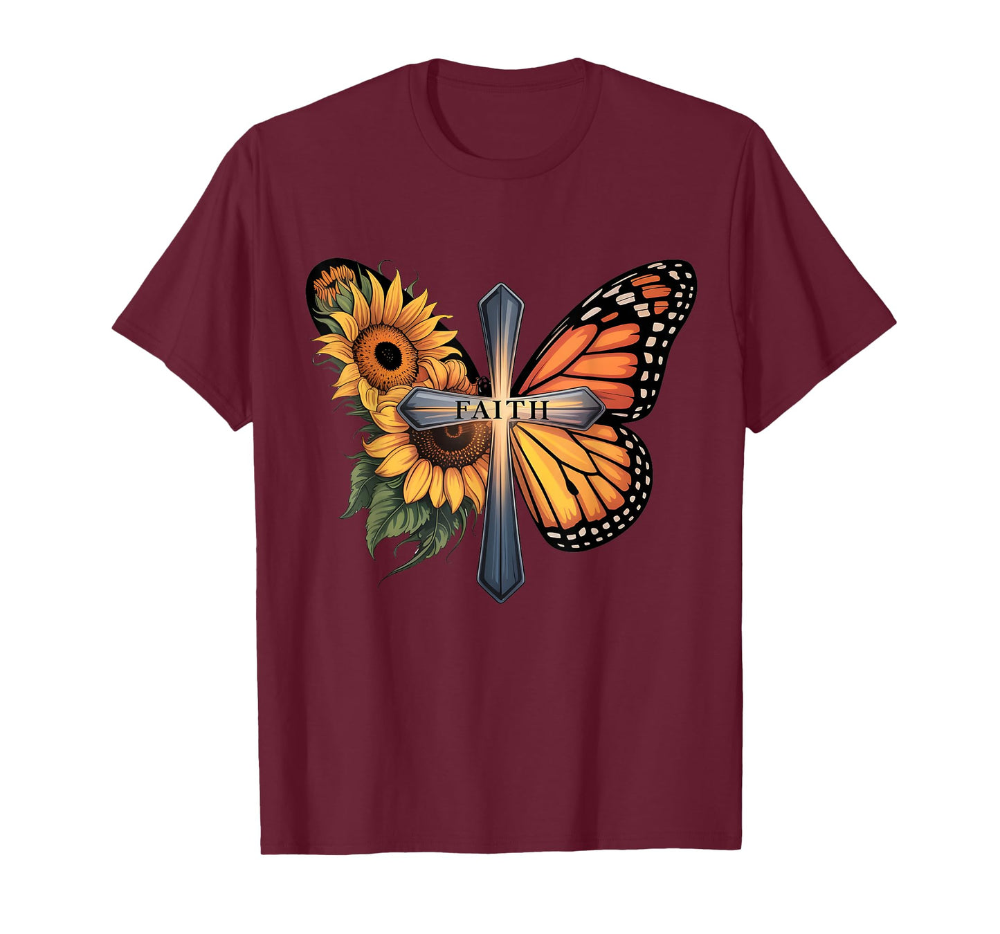 Faith Cross Sunflower Butterfly Christian Vintage T-Shirt