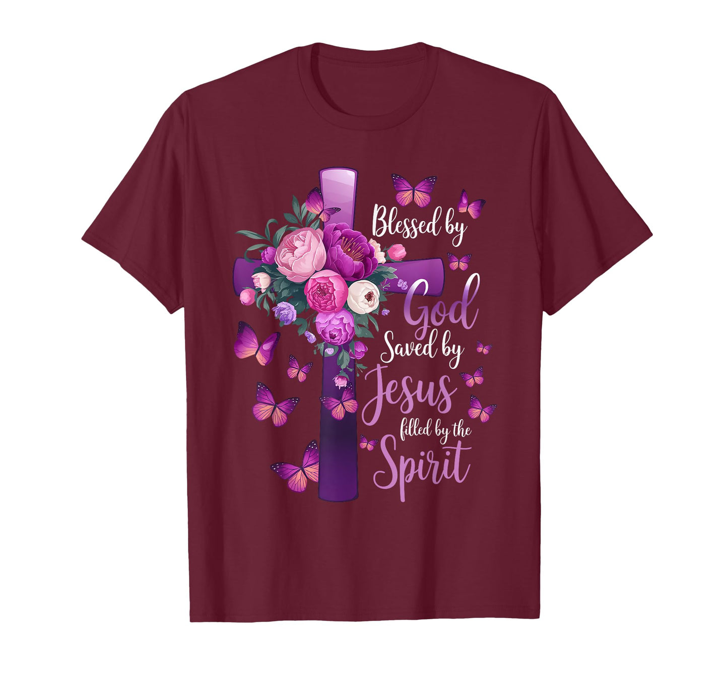 Blessed by God Saved by Jesus Purple Floral Cross Christian T-Shirt