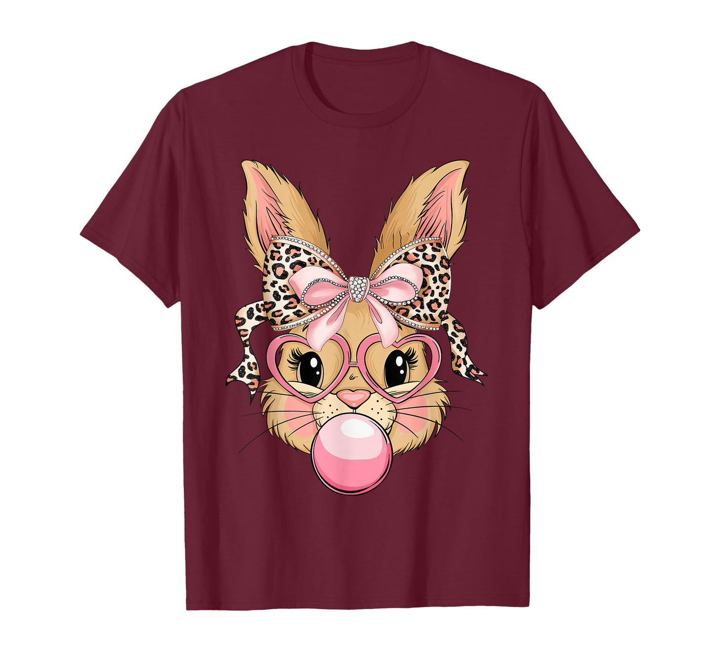 Cute Bunny Rabbit Face Leopard Glasses Girl Happy Easter Day T-Shirt