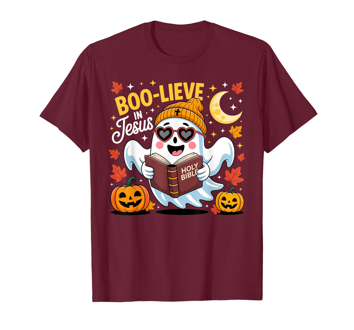 Boo-Lieve in Jesus Ghost Christian Halloween Funny Crew T-Shirt