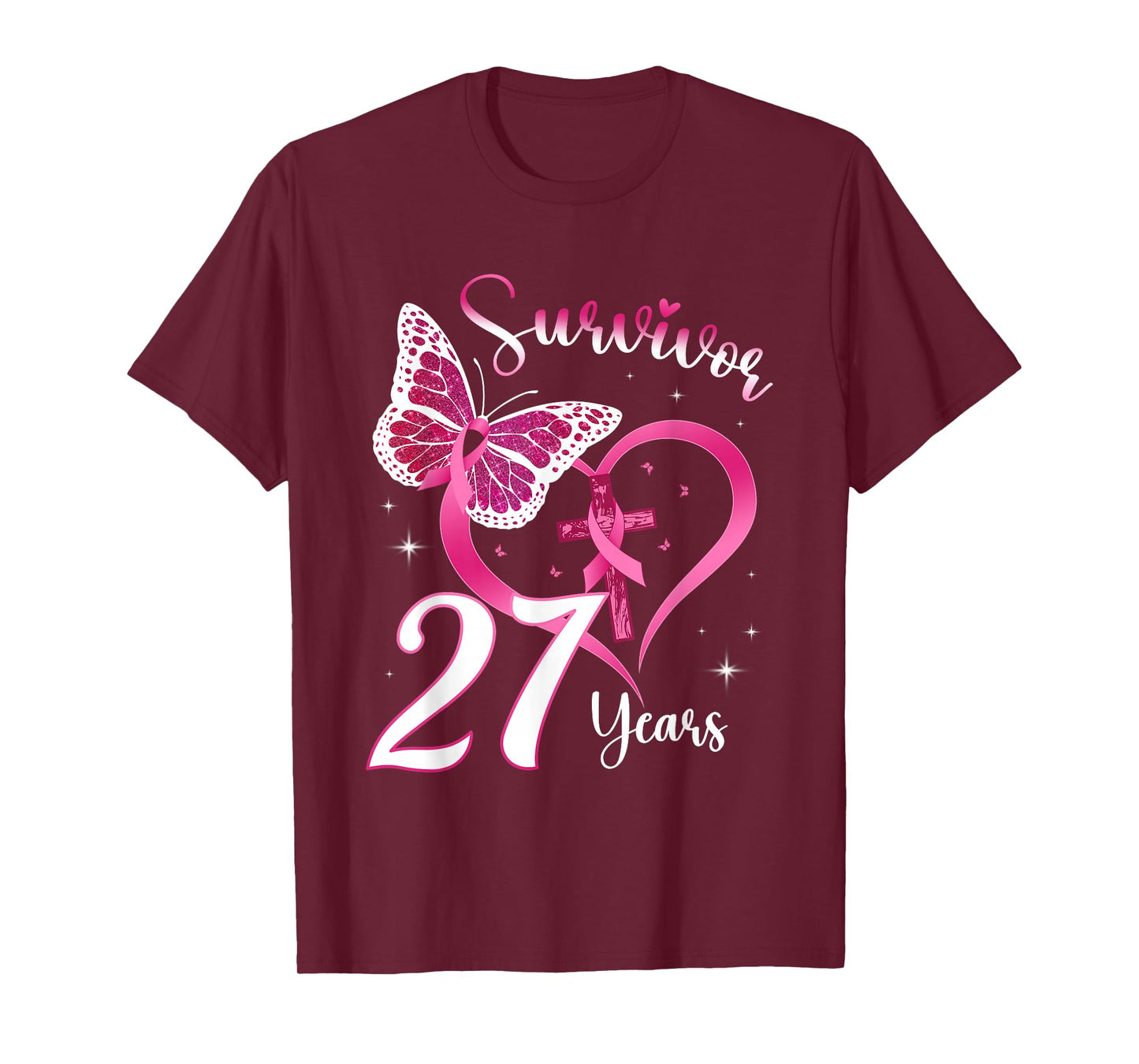 Breast Cancer Survivor Pink Ribbon Butterfly 27 Years Gift T-Shirt
