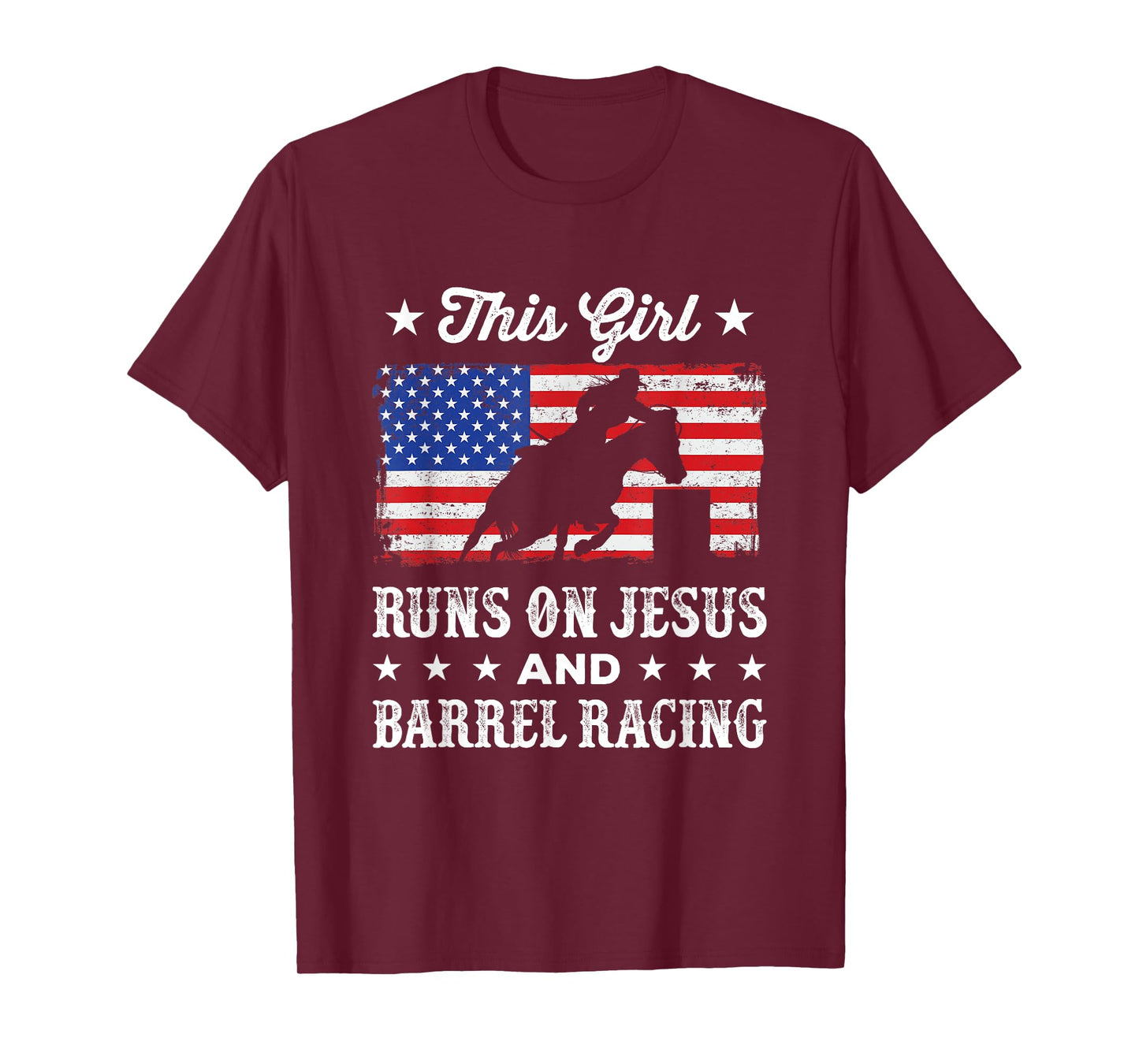 This Girl Runs on Jesus and Barrel Racing American Flag T-Shirt
