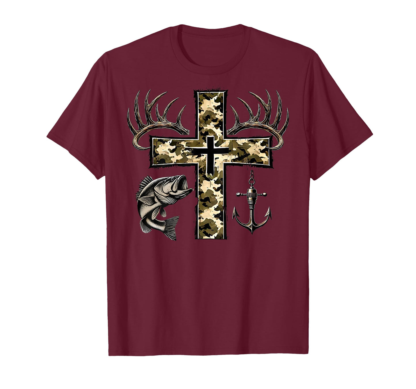 (Back) Hunting Fishing Cross Camo Faith Christian Fisherman T-Shirt