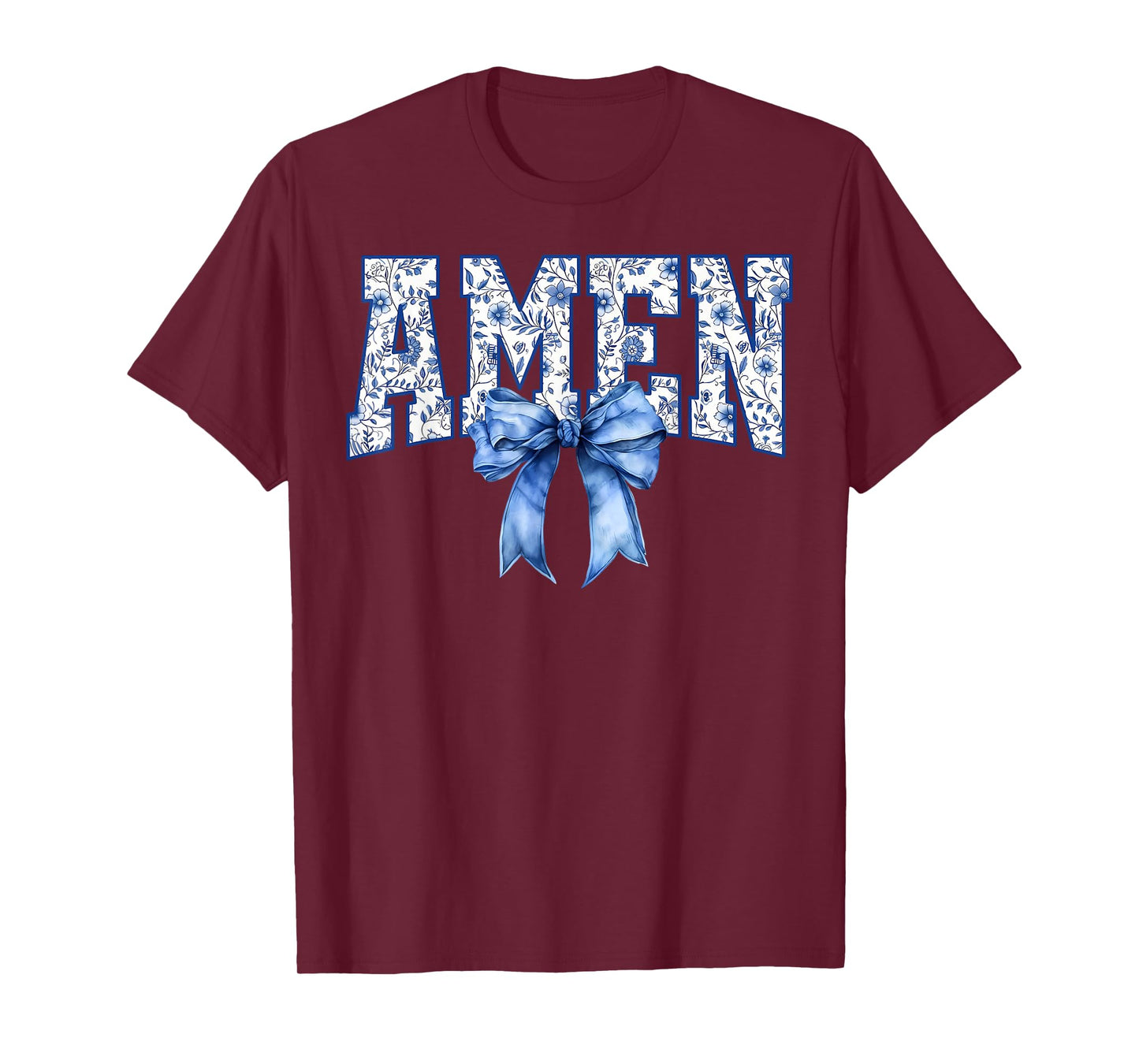 Amen Floral Toile Blue Coquette Bow Religious Faith Jesus T-Shirt