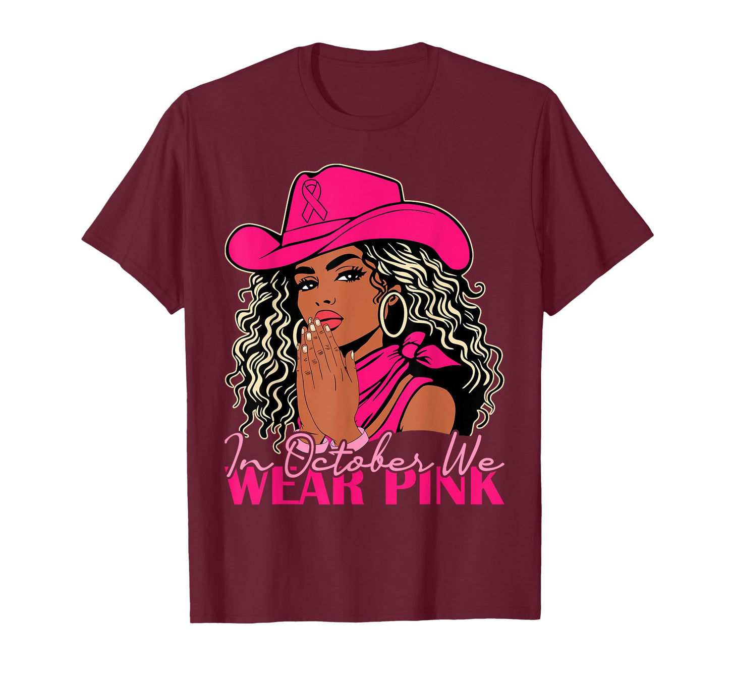 in October We Wear Pink Women Black Cowgirl Breast Cancer T-Shirt