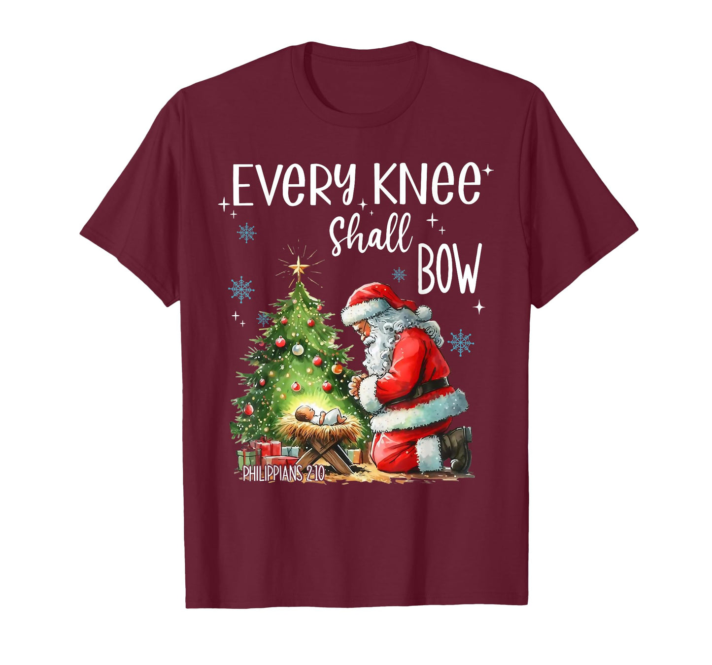 Every Knee Shall Bow Santa Claus Jesus Christian Christmas T-Shirt