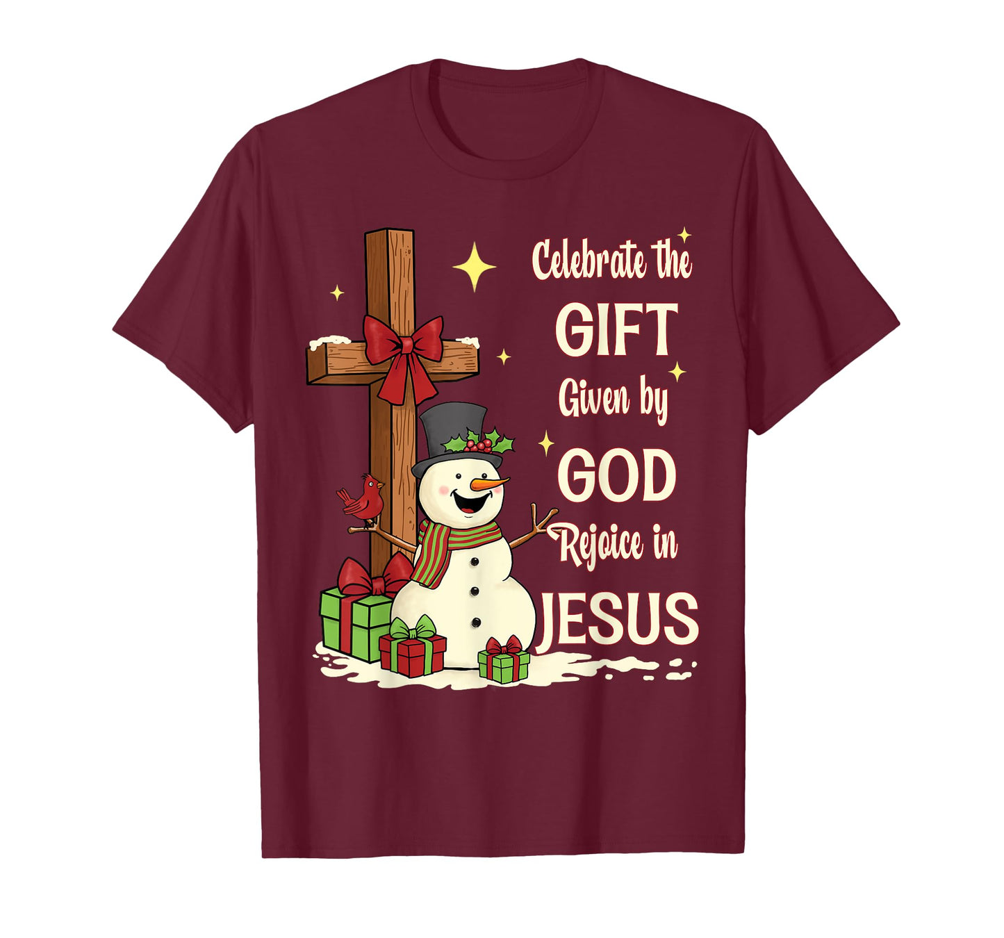 Celebrate Jesus Birth Christmas Snowman Christian Cross T-Shirt