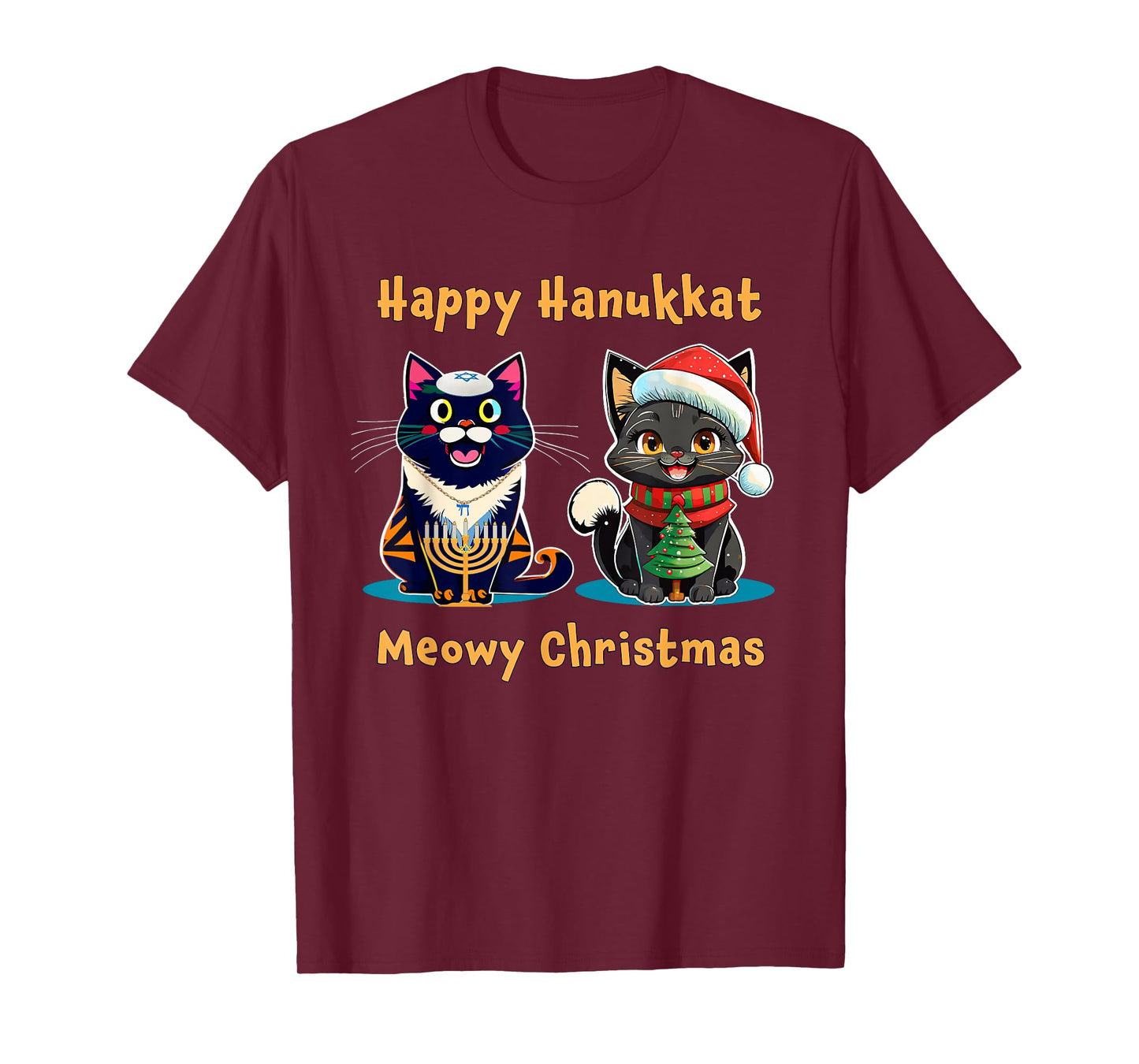 Merry Christmas Happy Hanukkah Jewish Christian Cat Lovers T-Shirt for Men Women Kids