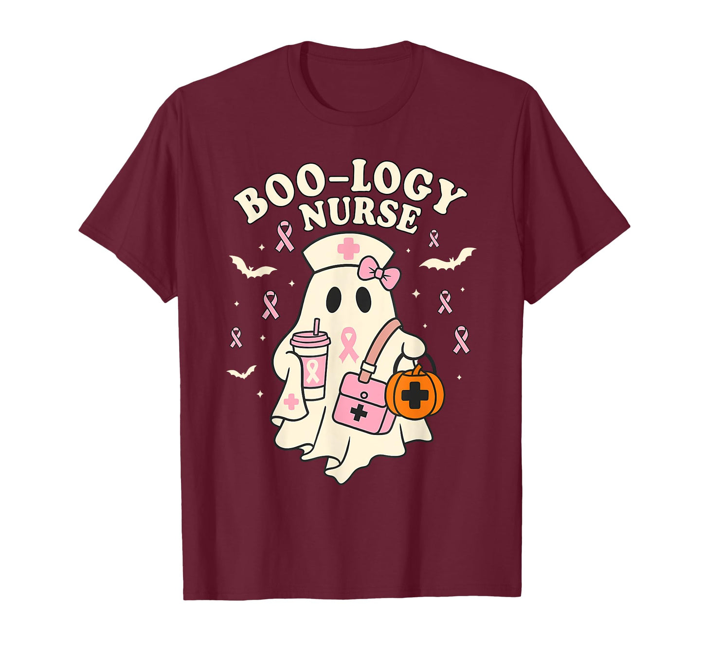 Boo-logy Nurse Ghost Halloween Breast Cancer Awareness T-Shirt